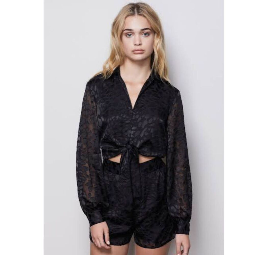 Good American Black Burnout Leopard Print Tie Waist Long Sleeve Blouse Top 5